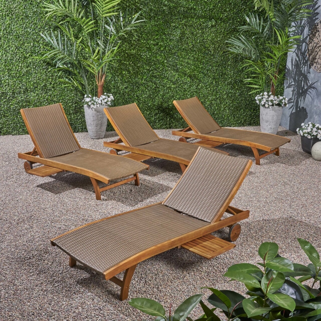 GDFStudio Yedda Outdoor Wicker and Wood Chaise Lounge with Pull-Out Tray